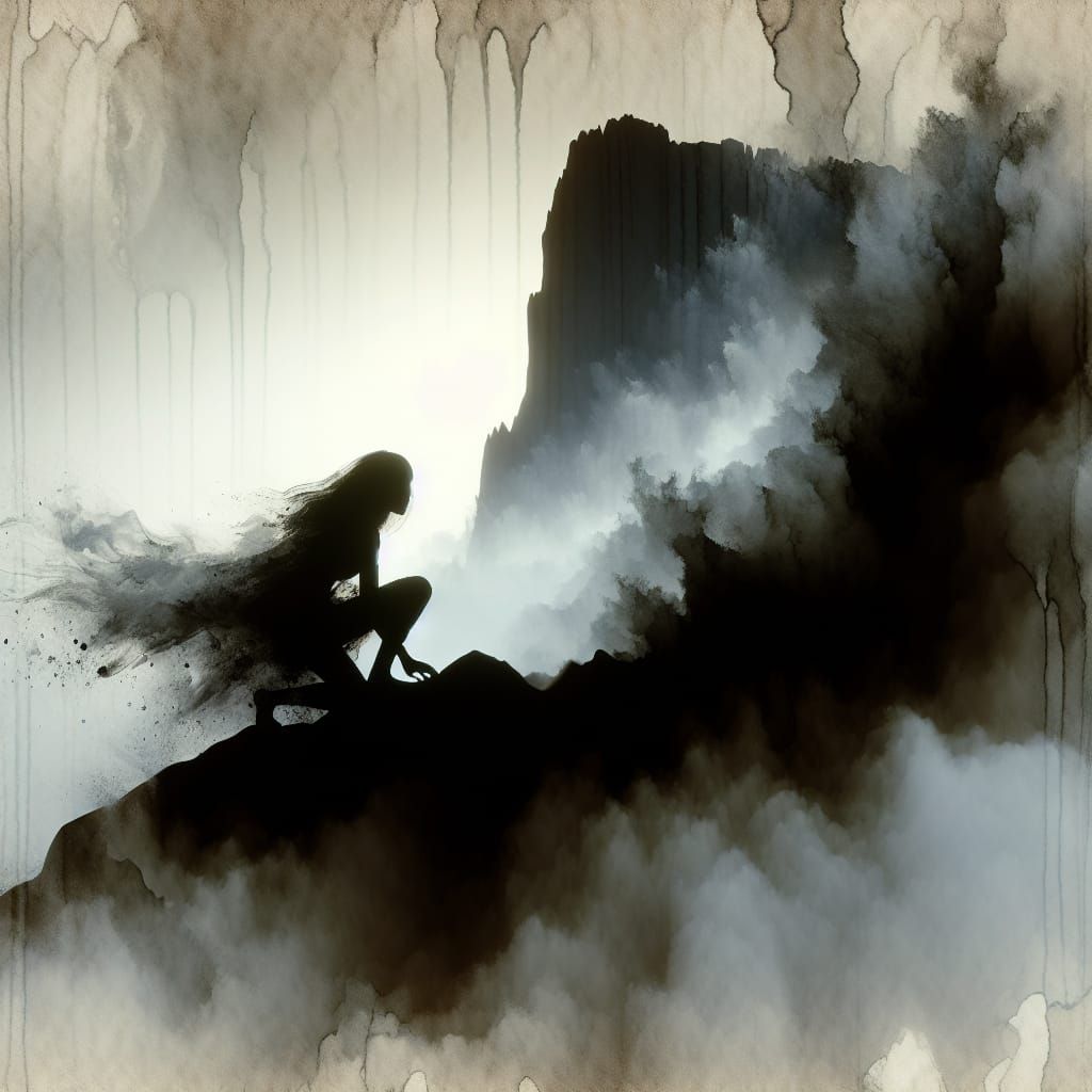 Silhouette on Cliff: Film Noir Chiaroscuro Scene