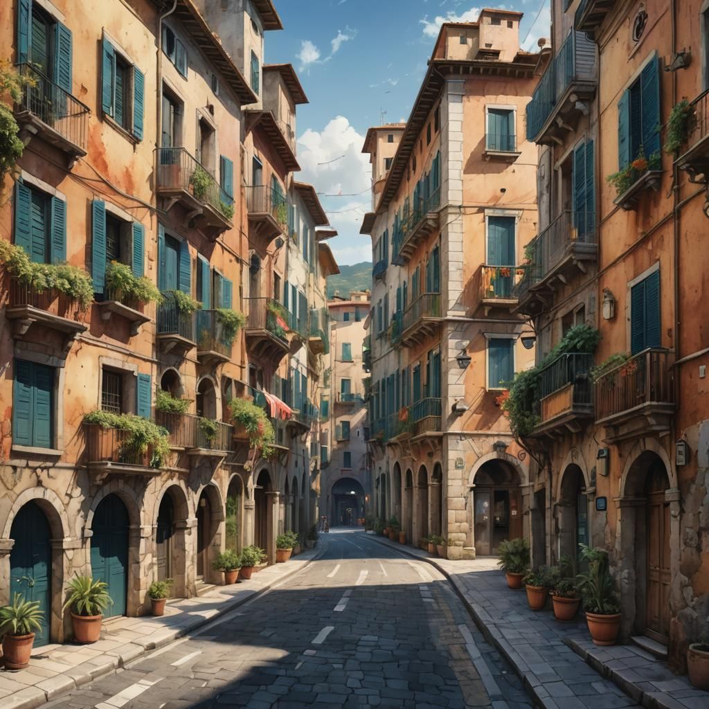 Single street Italian Riviera streetscape in Watercolour - Group