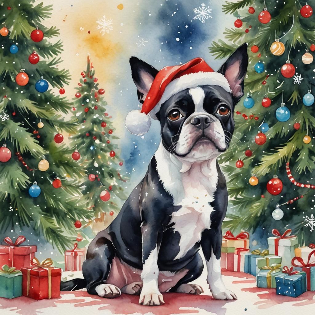 Festive Boston Terrier in Santa Hat: Watercolor Illustration