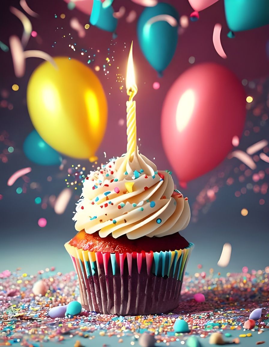 Celebratory Cupcake with Confetti and Balloons