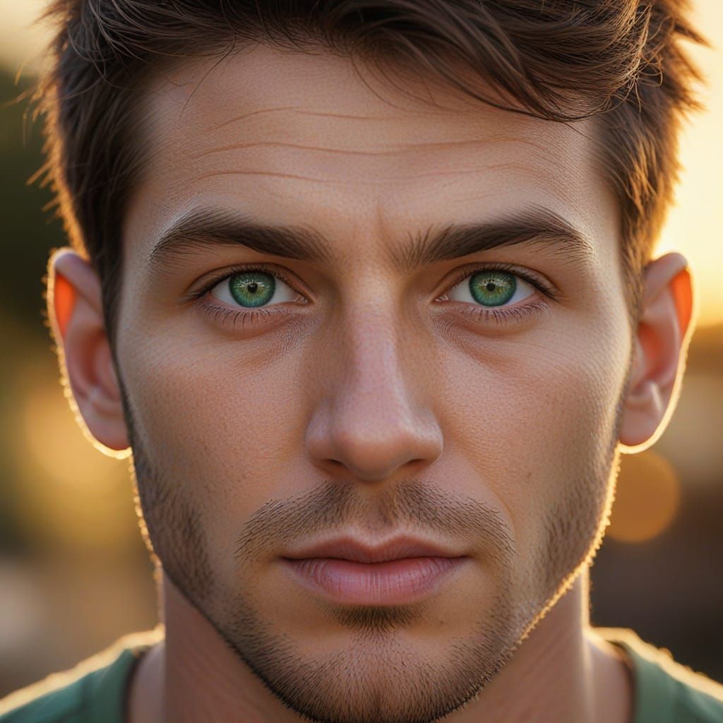 Chiseled Hero with Emerald Eyes in Golden Hour