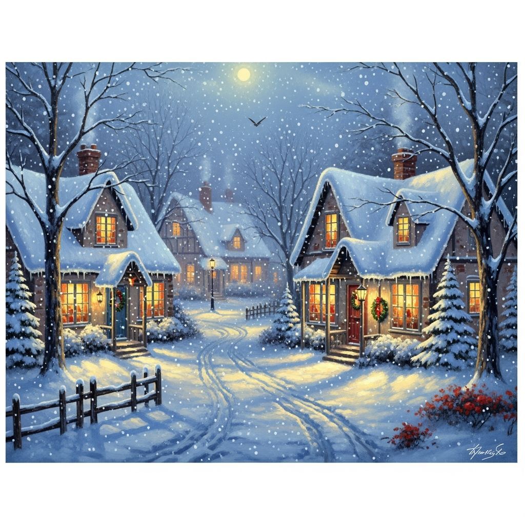 Cozy Christmas Village at Night, Realistic Oil Painting Styl...