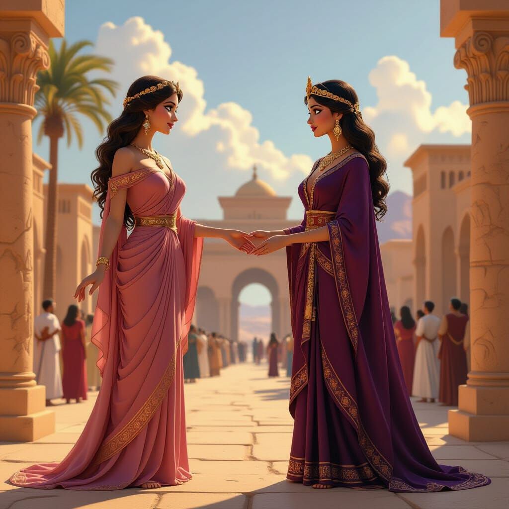 Aphrodite Meets Queen Alyssar in Carthage: Pixar-Style