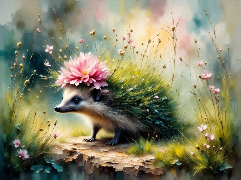 Emerald Hedgehog with Whimsical Floral Crown in Dreamlike La...