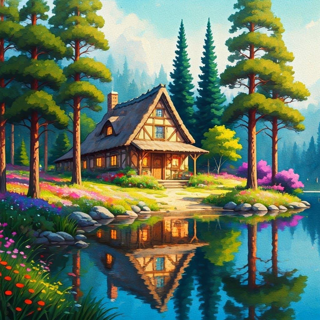Charming Lakeside Cottage in Watercolor Style