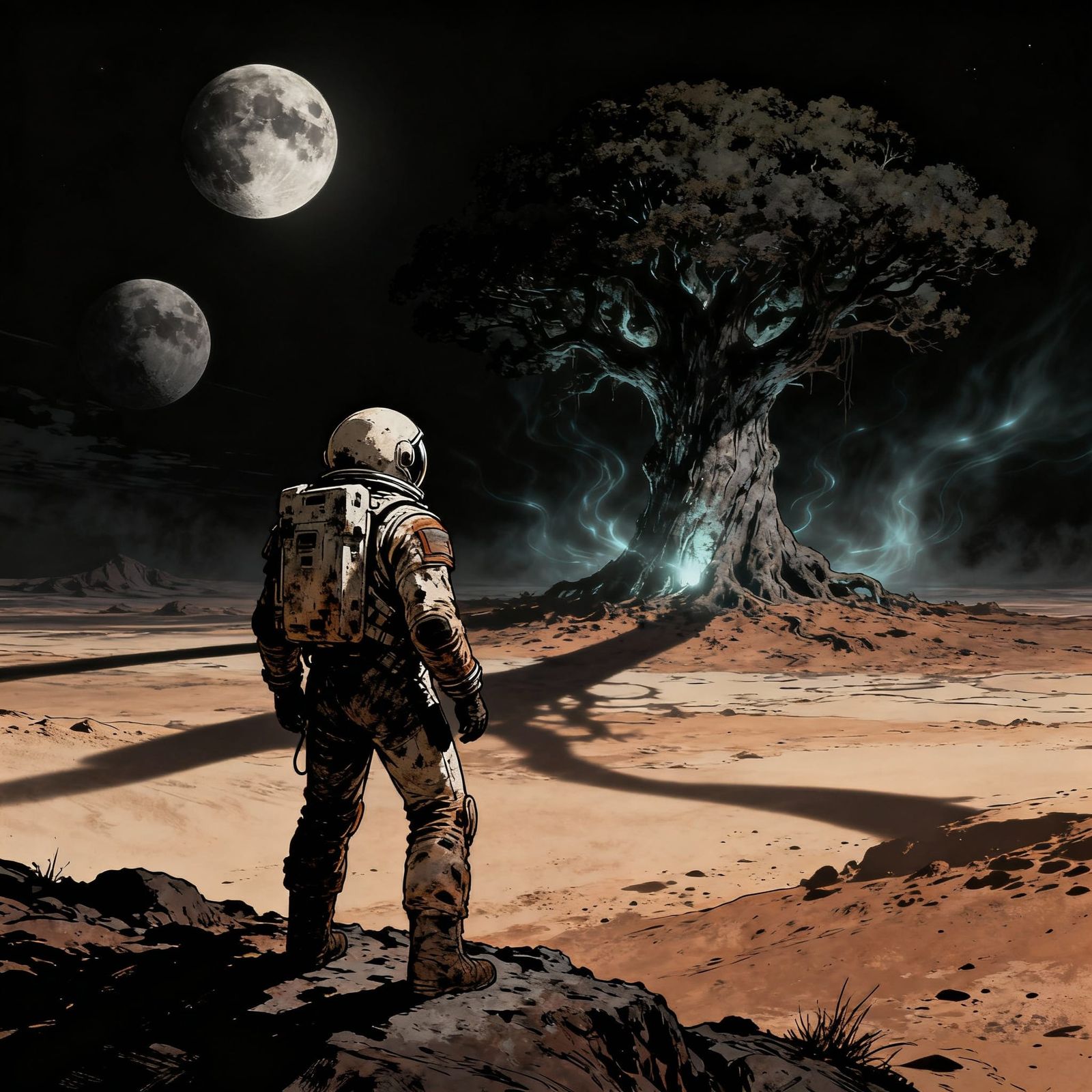 Astronaut on Alien Desert Under Twin Moons