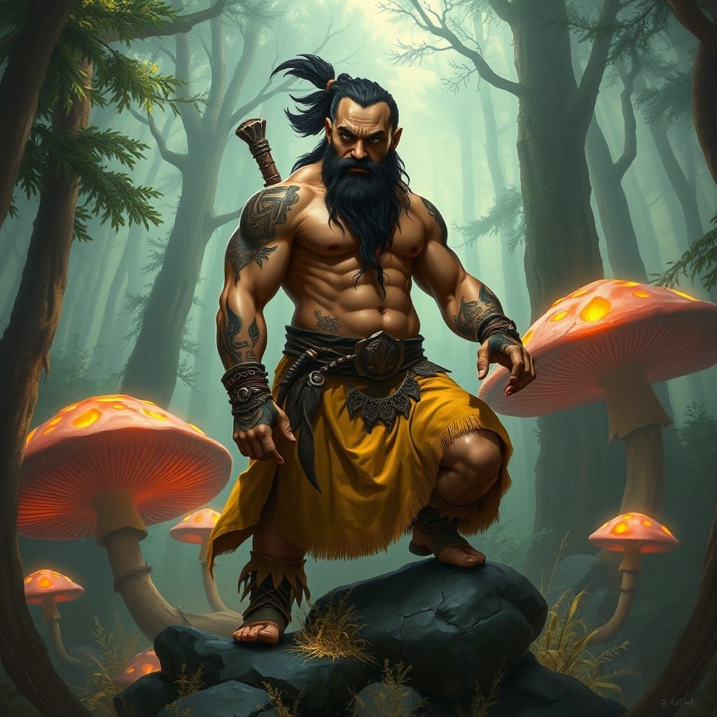 Fantasy Warrior in Bioluminescent Forest