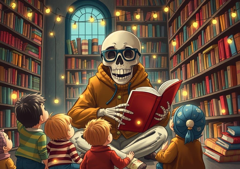 Whimsical Skeleton Reading Storybooks in a Library