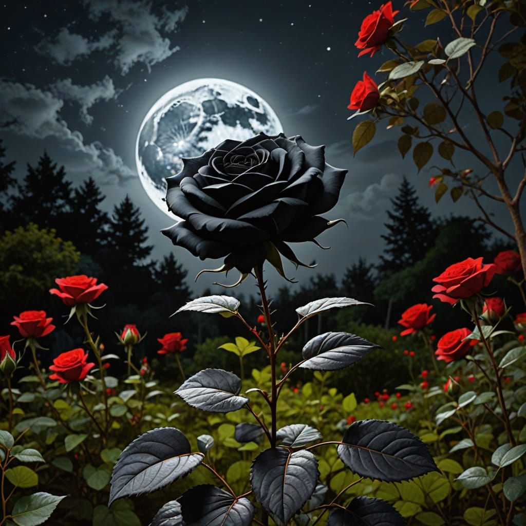 Black Rose Blooms Under a Blood Moon in Magical Garden