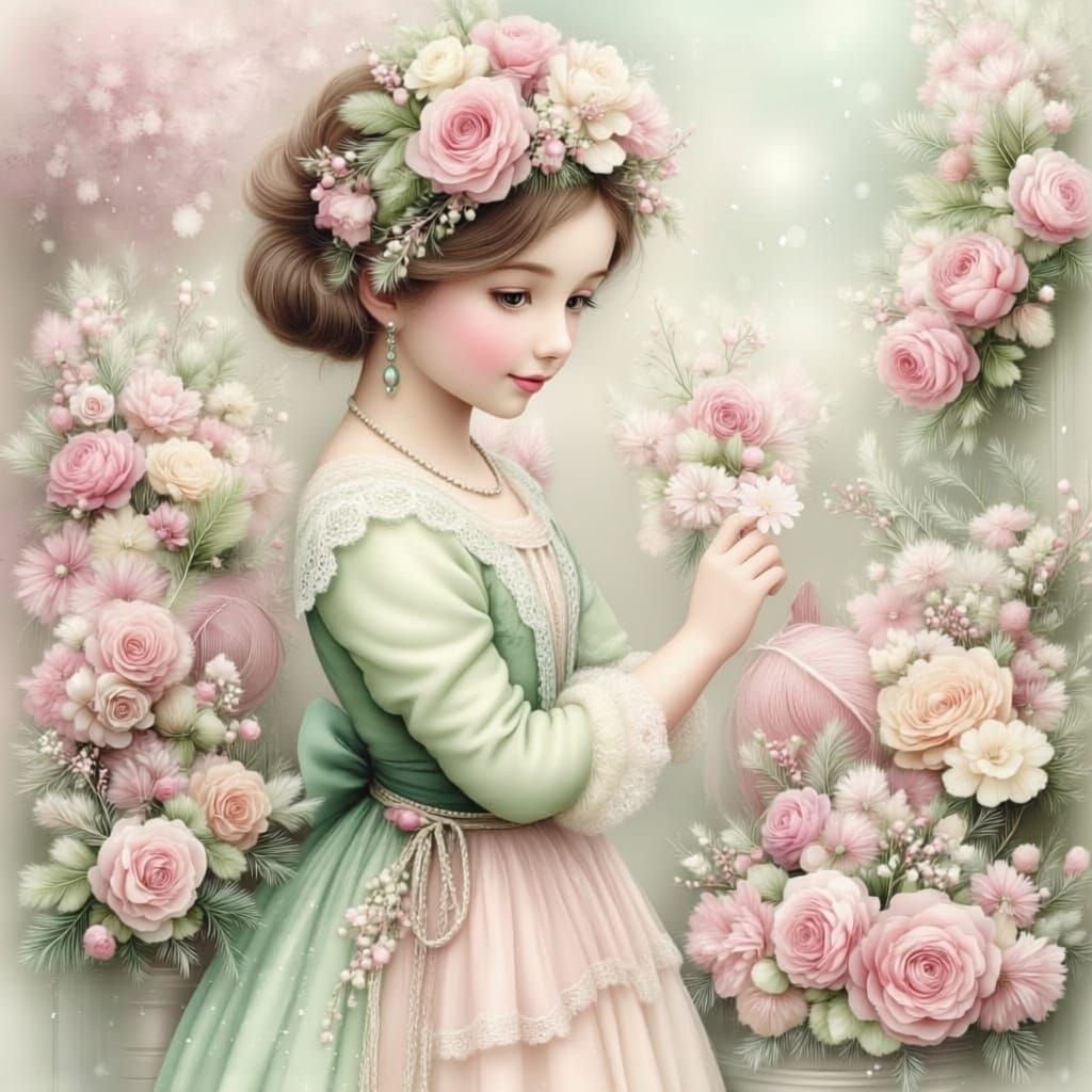 Victorian Flower Seller with Frost-Kissed Florals