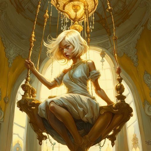 Girl on Chandelier in Digital Painting Style