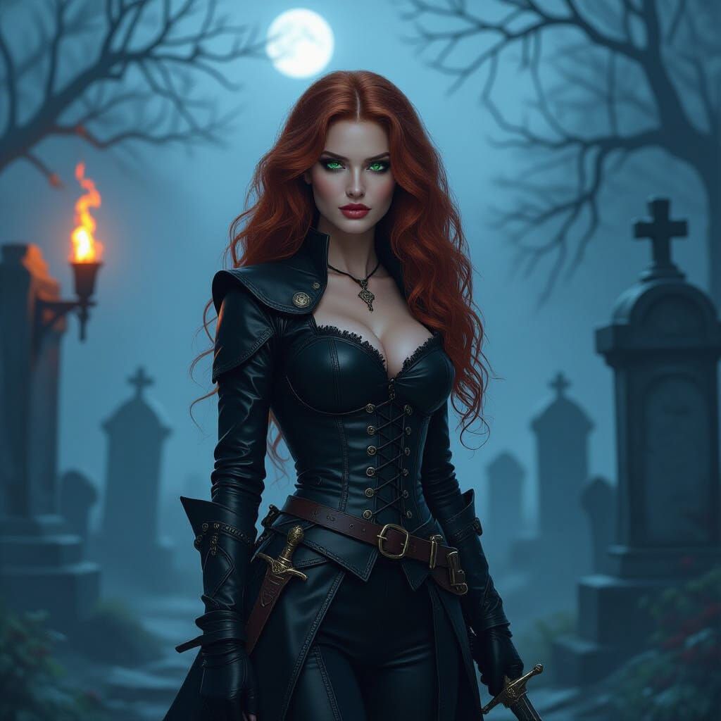 Medieval Woman with Red Hair in Dark Graveyard