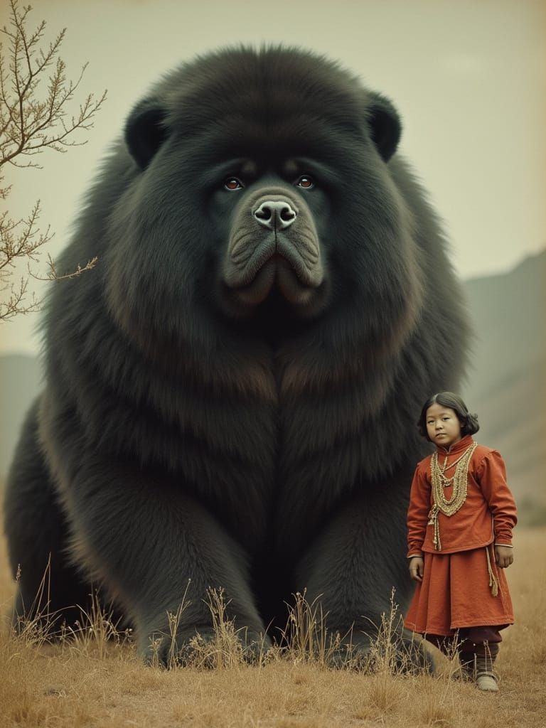 Edwardian Era Portrait of Tibetan Woman and Oversized Tibeta...