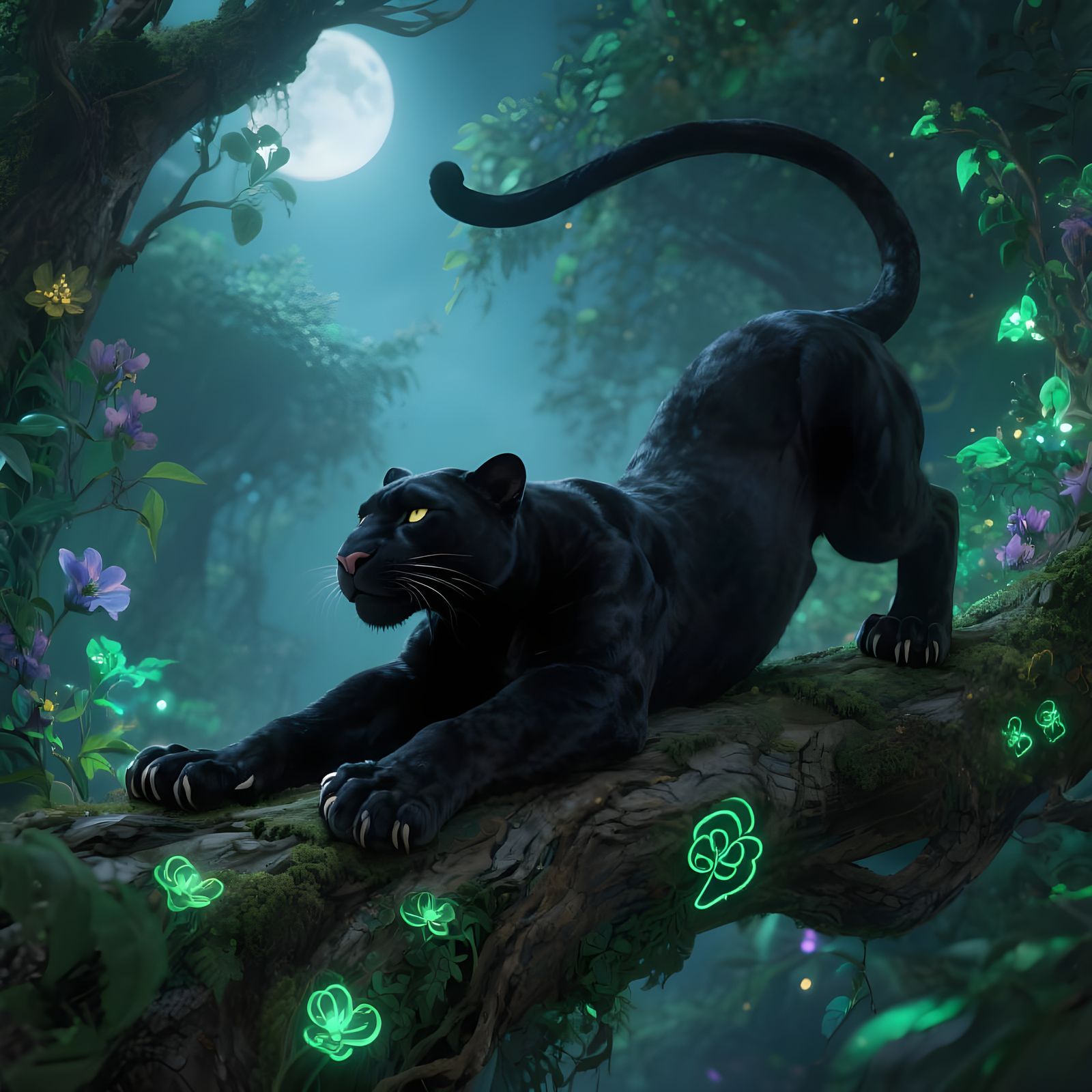 Majestic Black Panther Stretches on Ancient Tree Branch