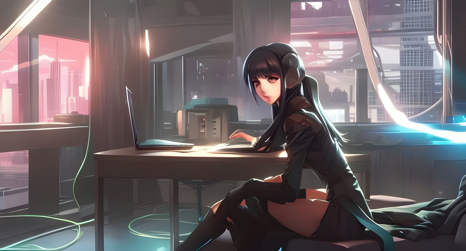 Anime Cyberpunk Girl at Desk by Makoto Shinkai