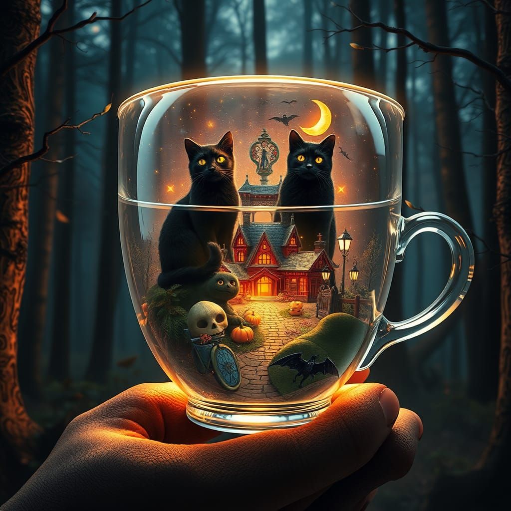 Magical Halloween Village Inside Crystal Teacup