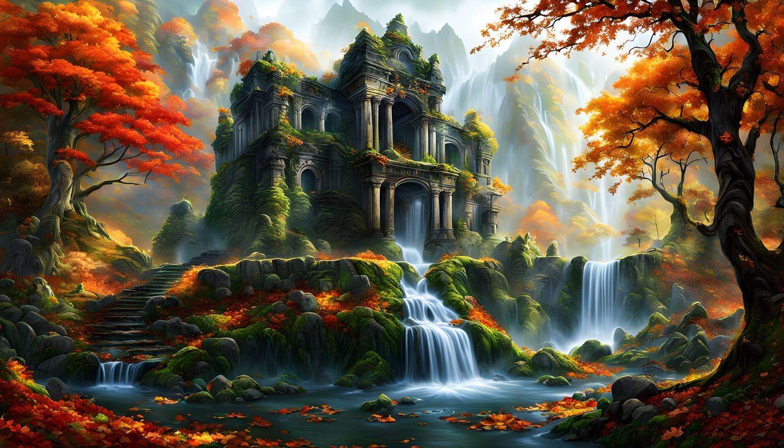 Mystical Waterfall in Ancient Autumn Ruins