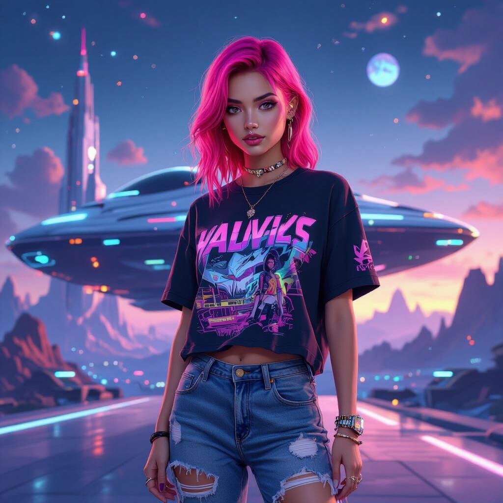 Pink-Haired Woman in Sci-Fi Anime Landscape