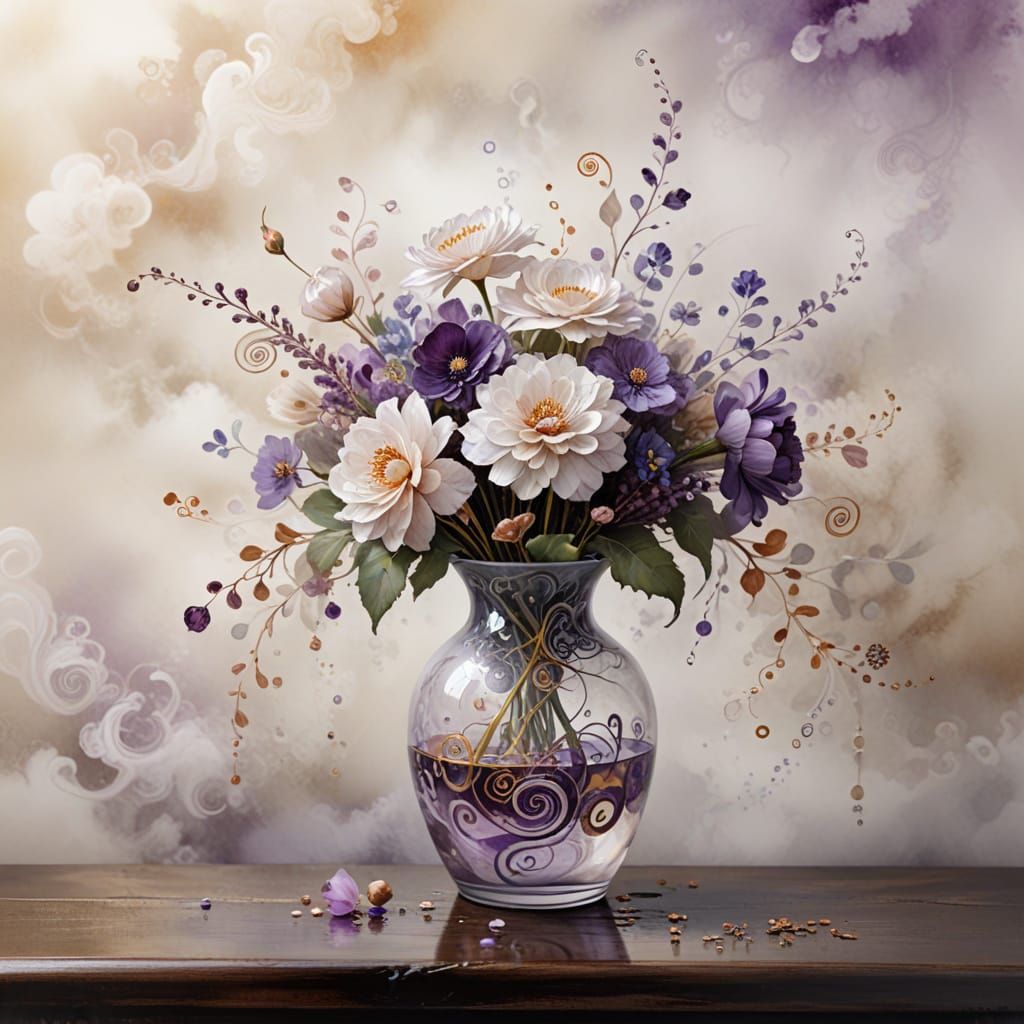 (flowers in a vase:1.2), Natasha Wescoat and Willem Haenraets, (spirals and swirls in the fog:1.5), nacre and amethyst d...