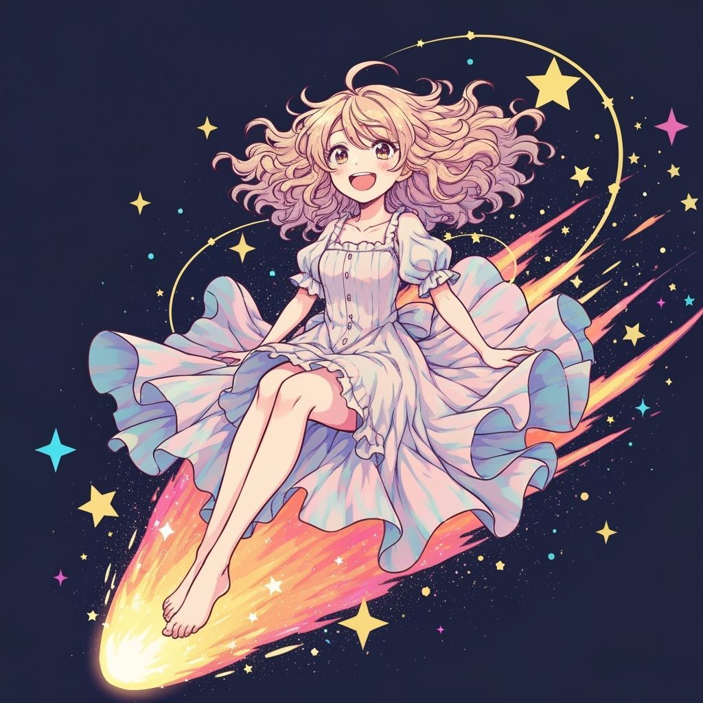 Whimsical Girl Riding a Comet in Anime Style