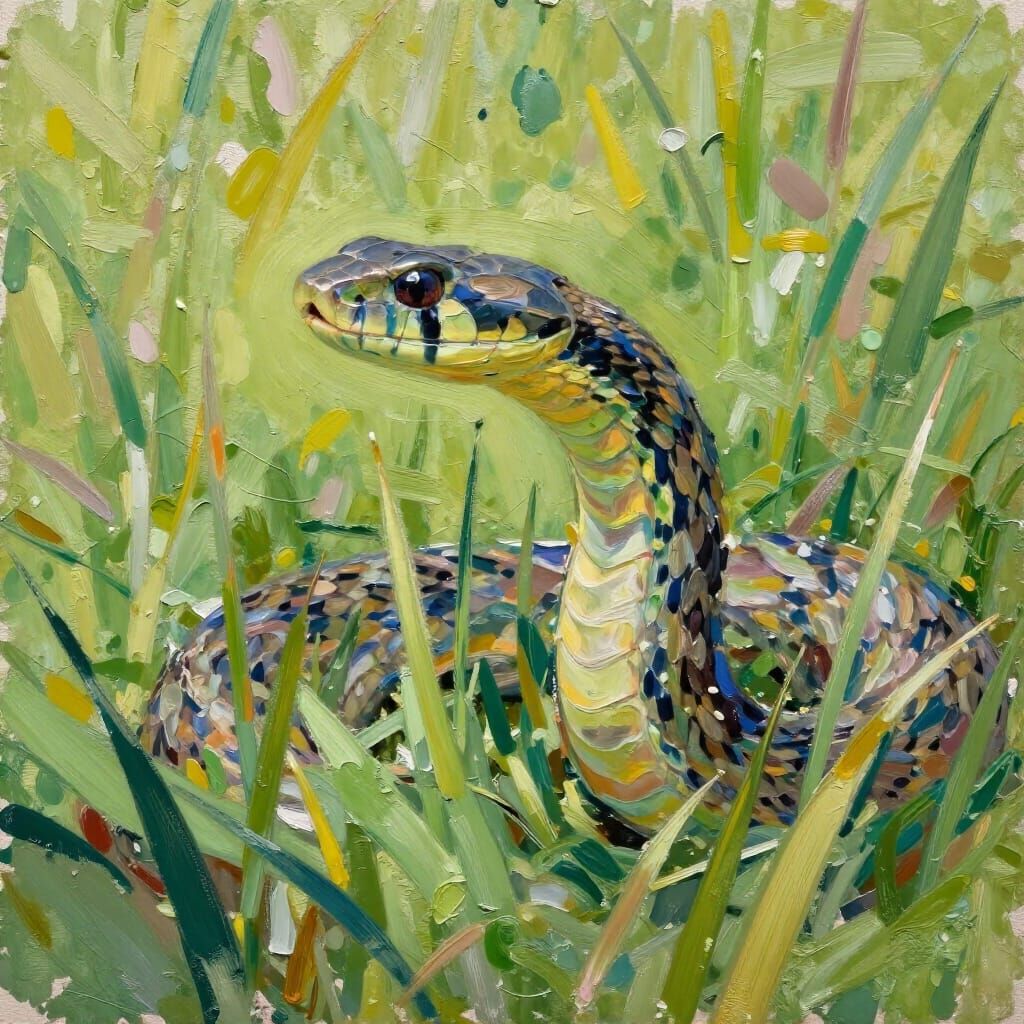 Impressionist Snake Emerges from Textured Gouache Grass