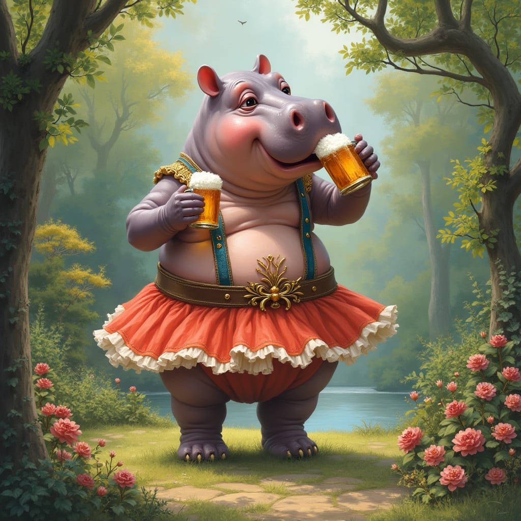 Hippo Ballerina in Chinese Garden, Dreamy Digital Art
