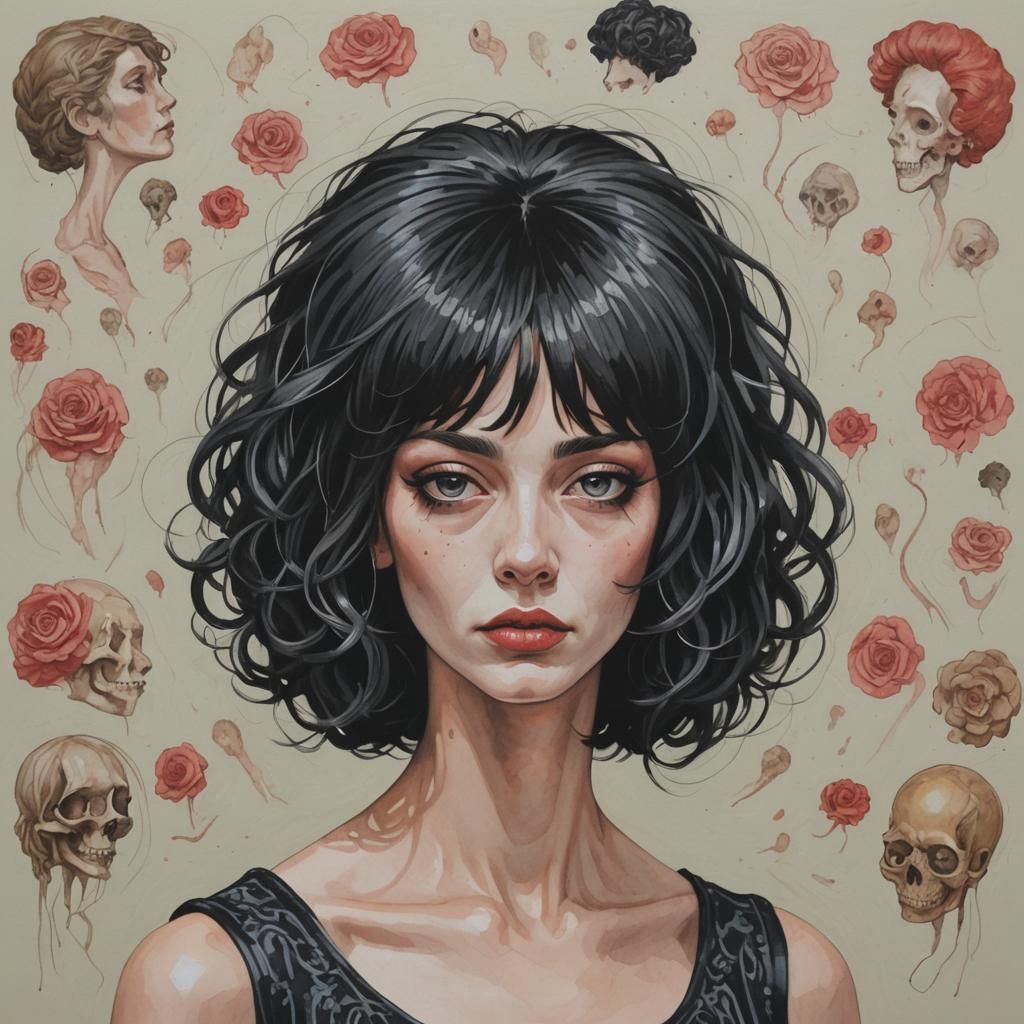 Gouache Painting: Woman's Wig of Hair