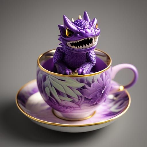 Purple Dragon Cub in Teacup: Digital Art