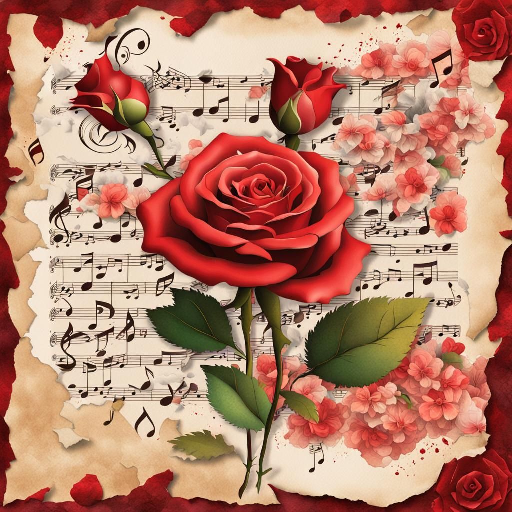 Romantic Rose Collage with Musical Notes