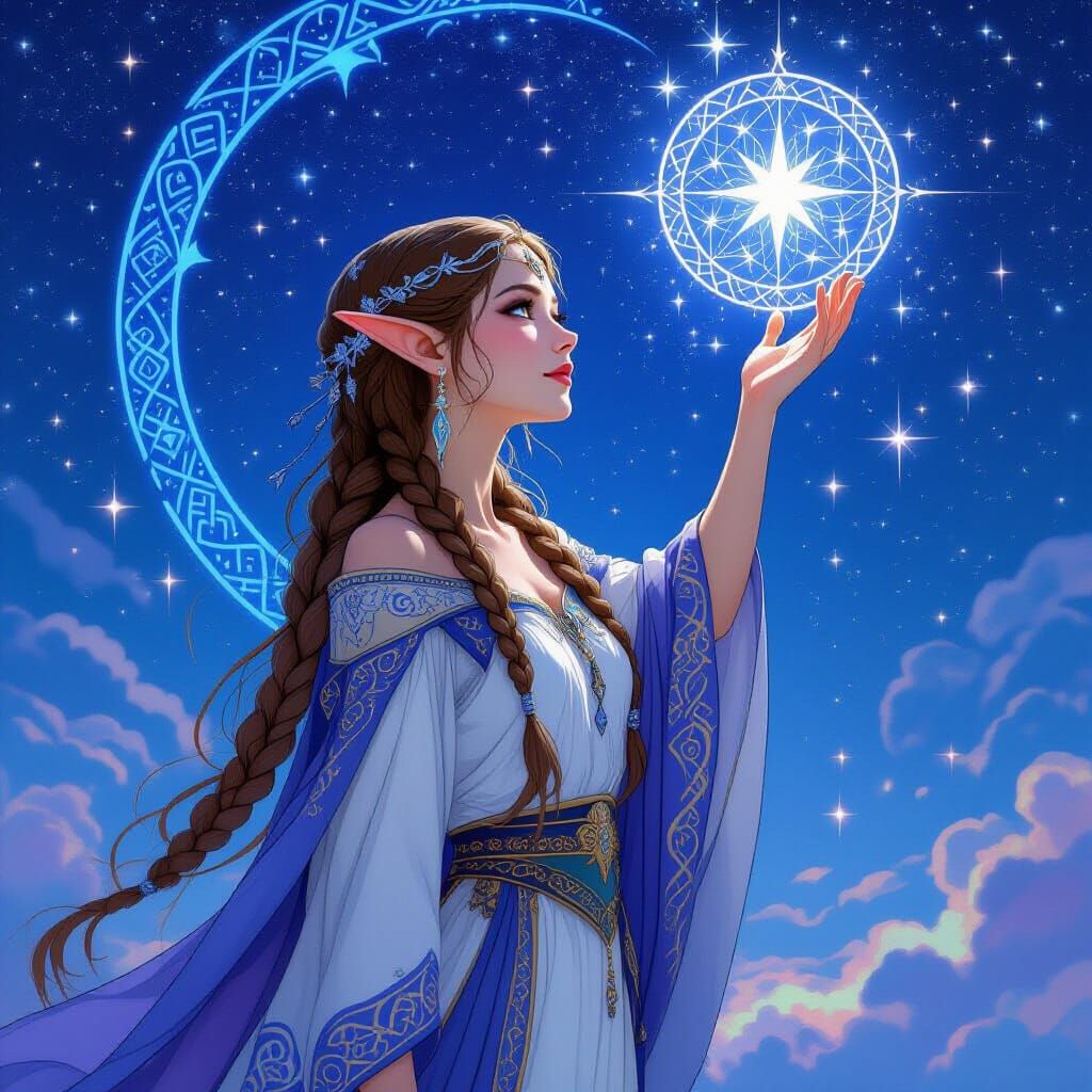 Enchanted Elf Under Starry Runes: Mucha Style