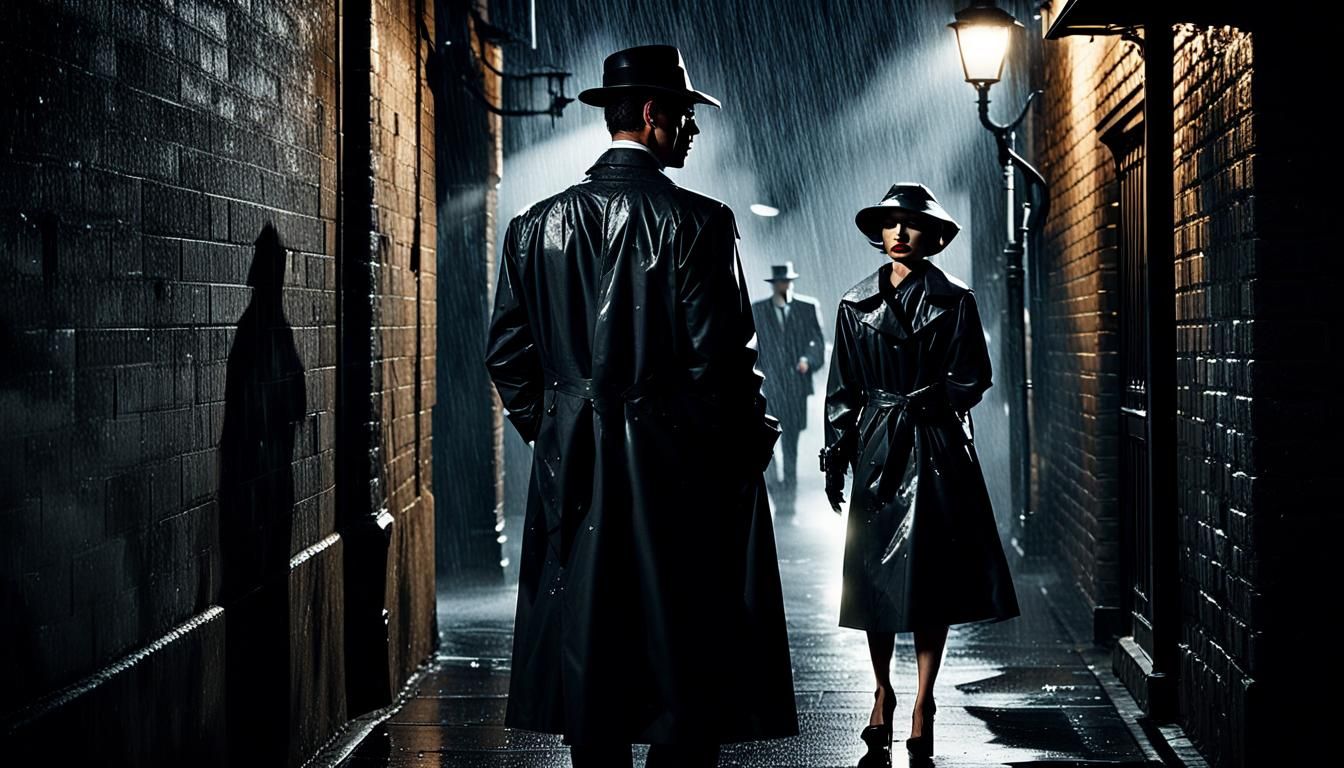 Film Noir Rendezvous in Rain-slicked Alley