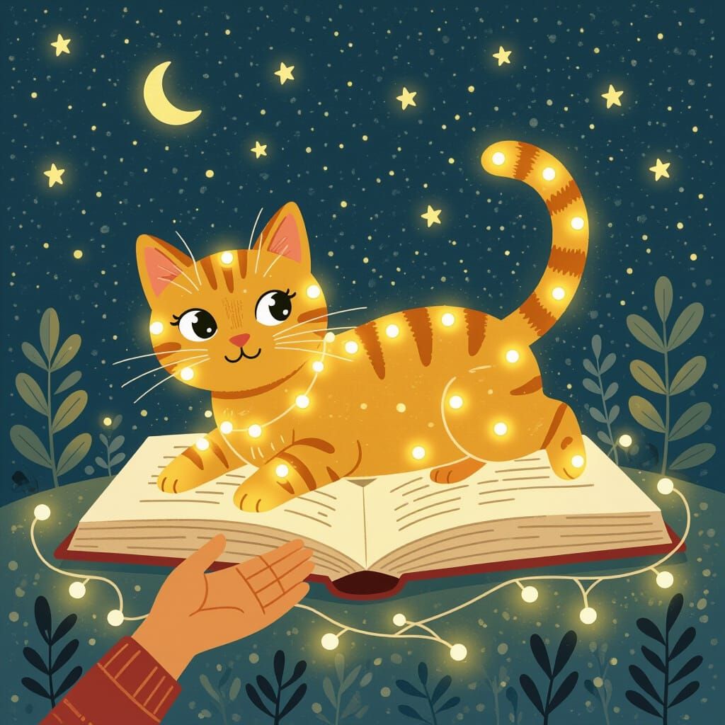 Glowing Cat Lands on Lap in Storybook Style