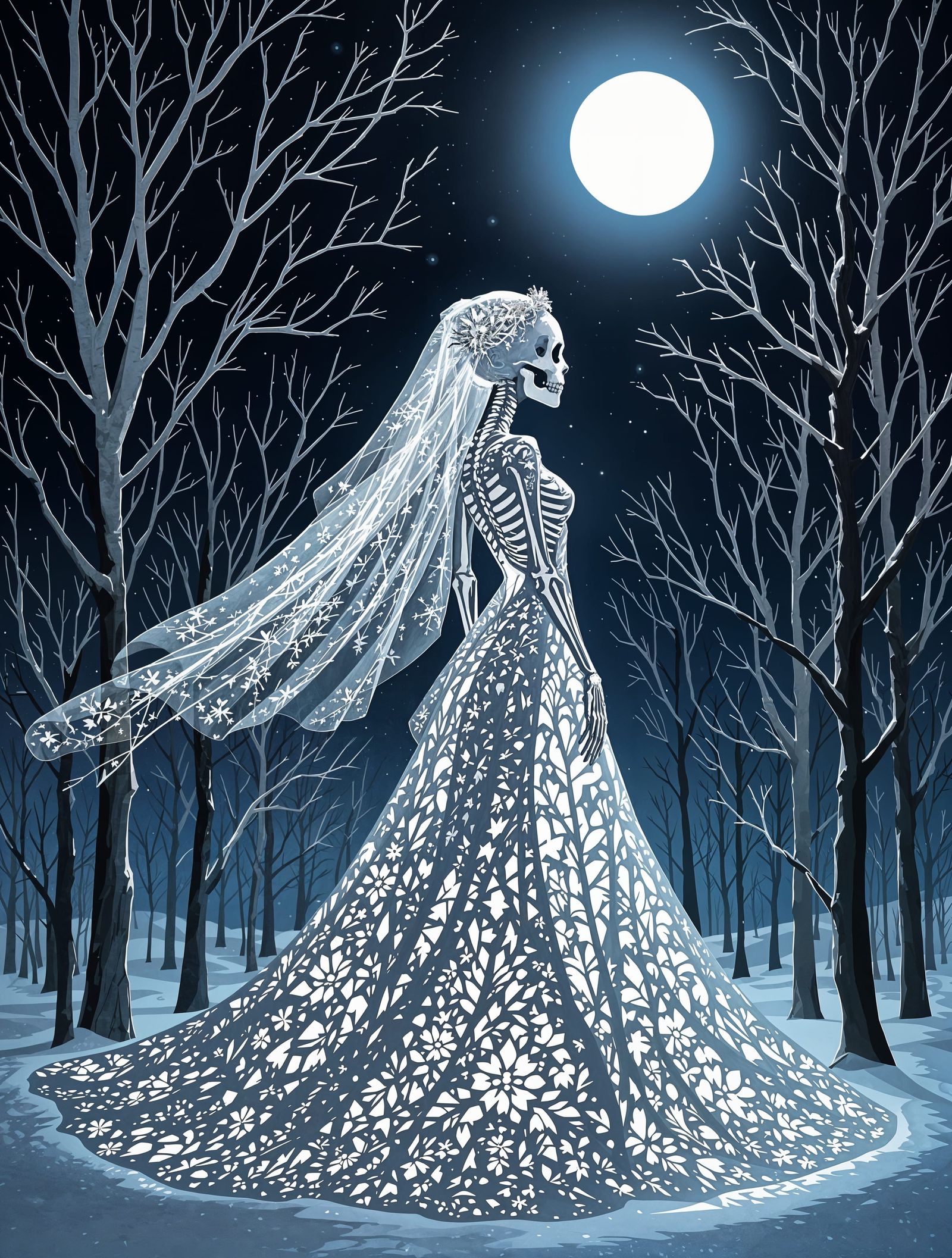 Skeletal Bride in Winter Forest Paper-Cut Art