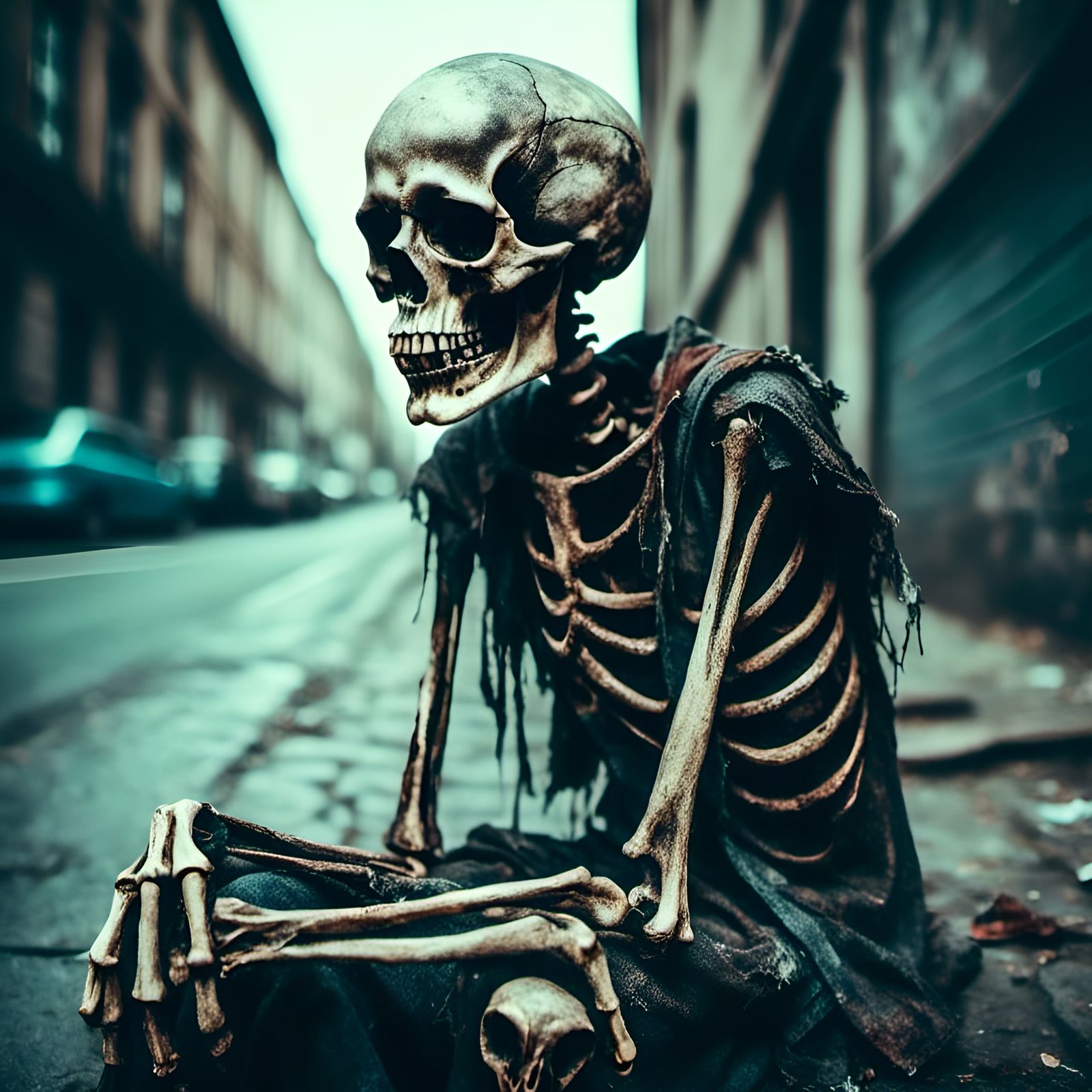 Sad Homeless Skeleton Portrait on Street Corner