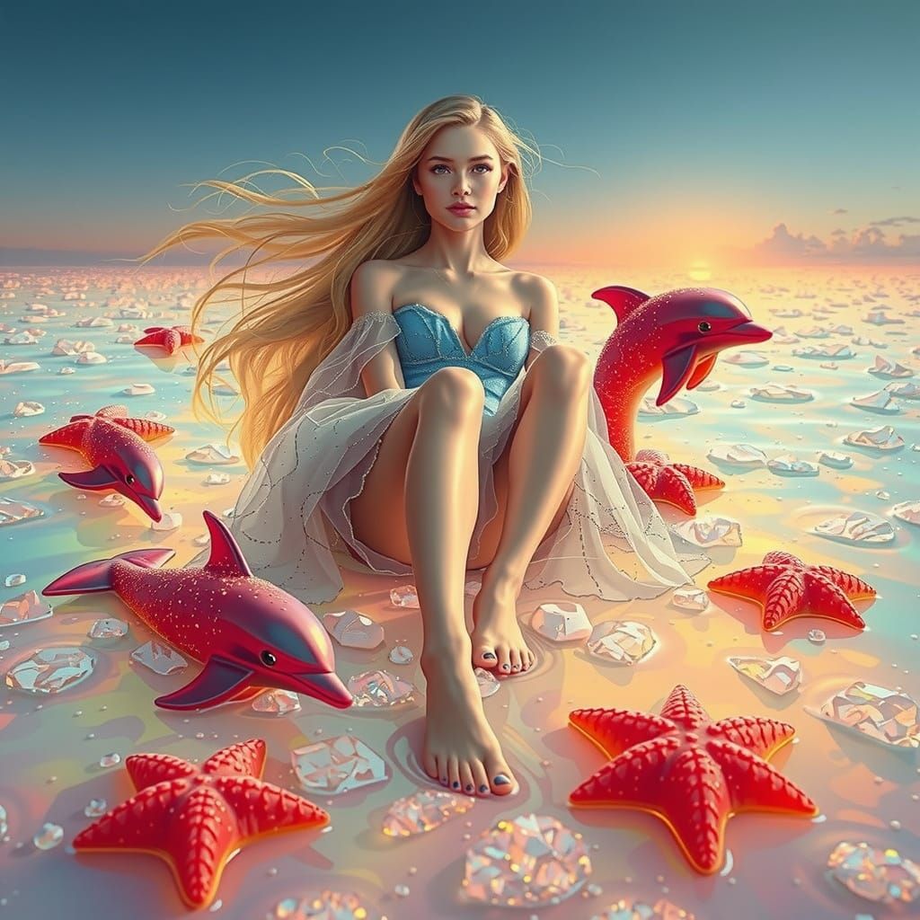 Woman on Soda Sea with Candy Dolphins, Digital Art