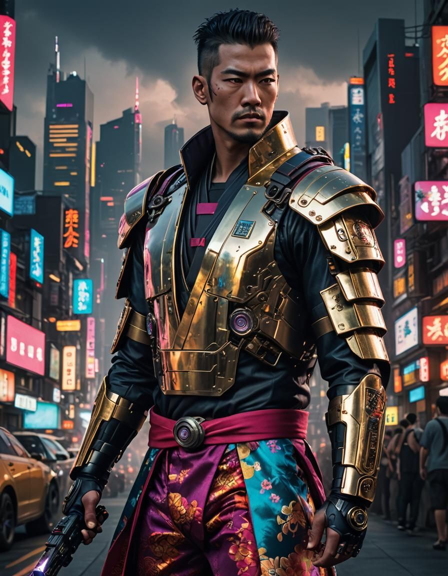 Cyberpunk Cyborg in Amigasa and Yukata Armor