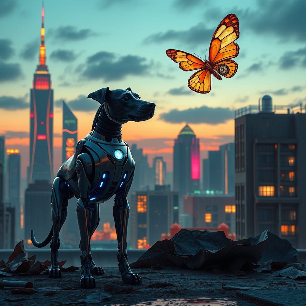 Cyborg Dog Surrounded by Shattered Illusions in a Futuristic...