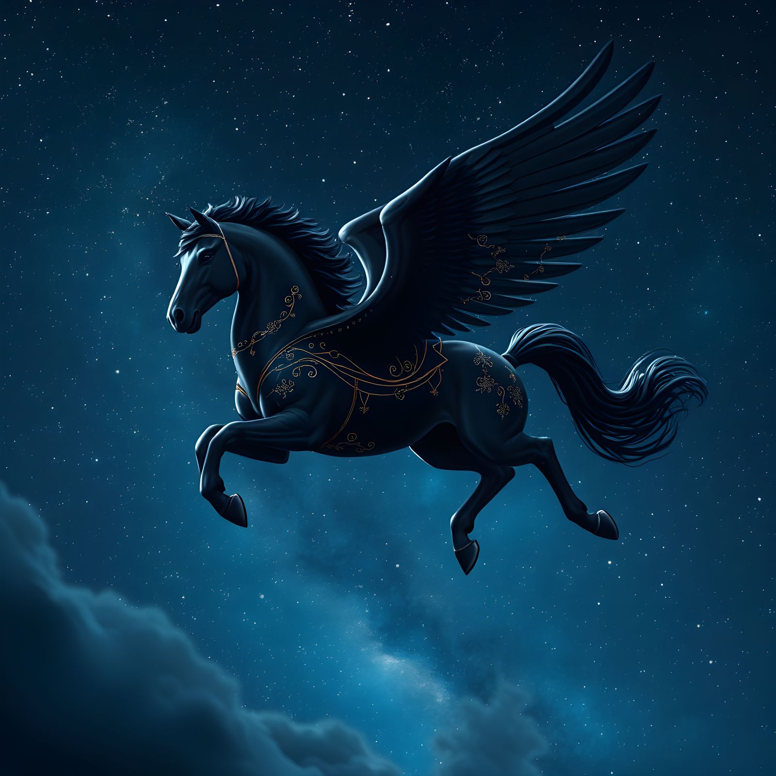 Black Pegasus Rides Night Sky, Fantasy Art