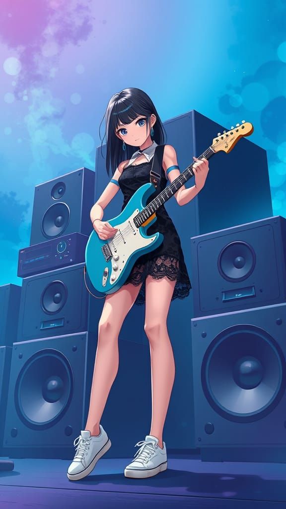 Anime-Inspired Digital Goddess Rocking Electric Guitar