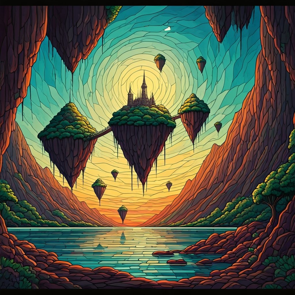 Stained Glass Travel Poster of New Planet with Floating Isla...