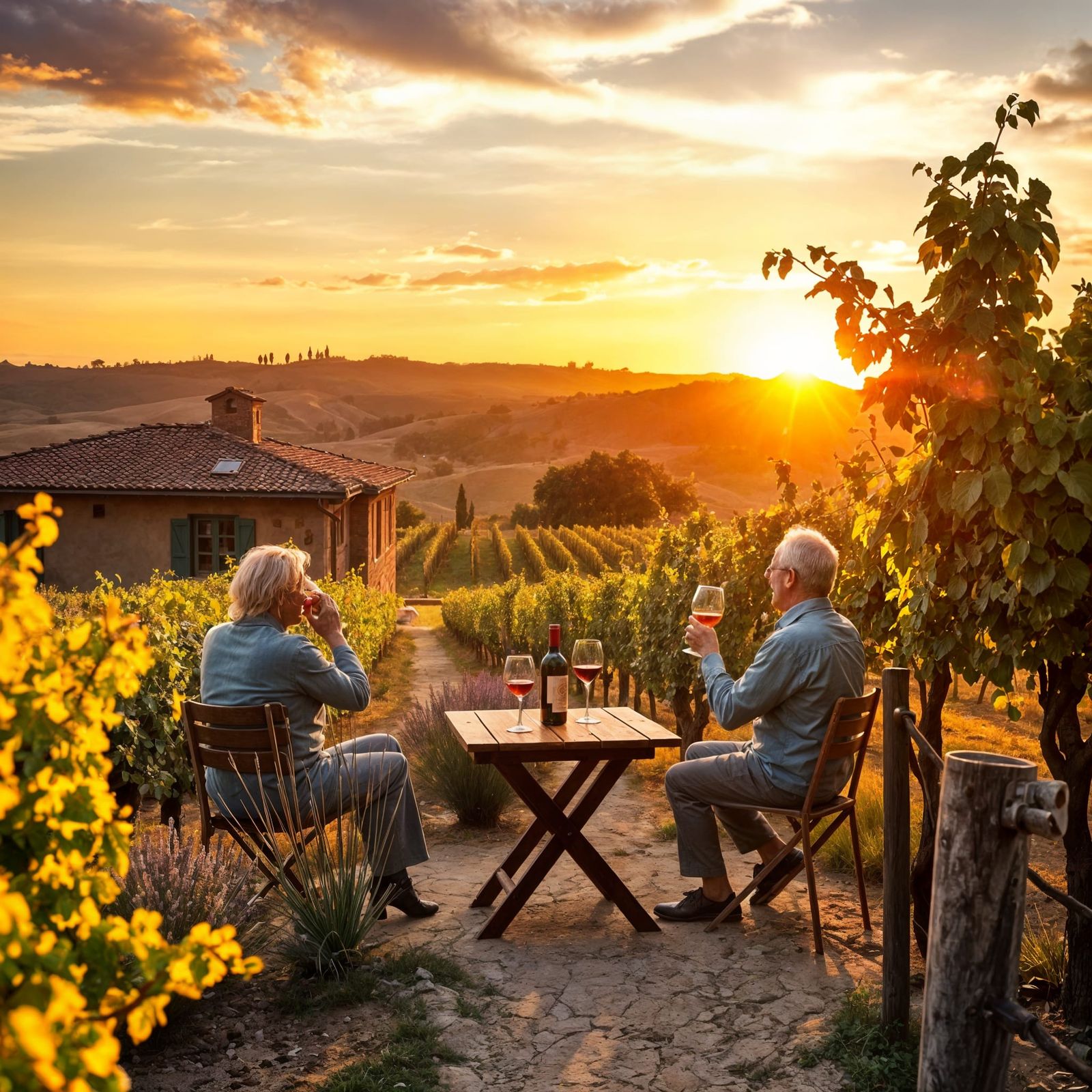 Golden Hour Vineyard Scene in a Rustic French Setting