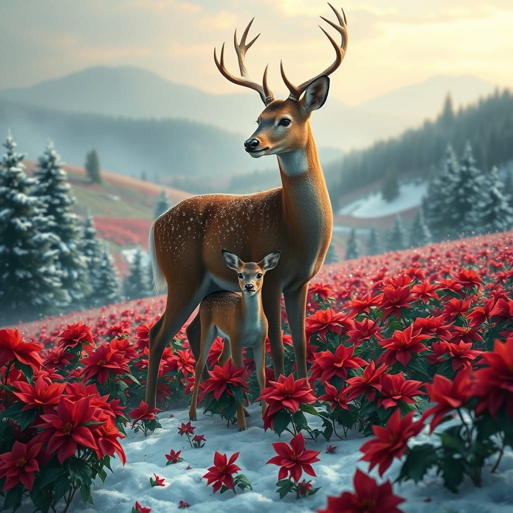 Majestic Doe and Fawn in Vibrant Poinsettia Field