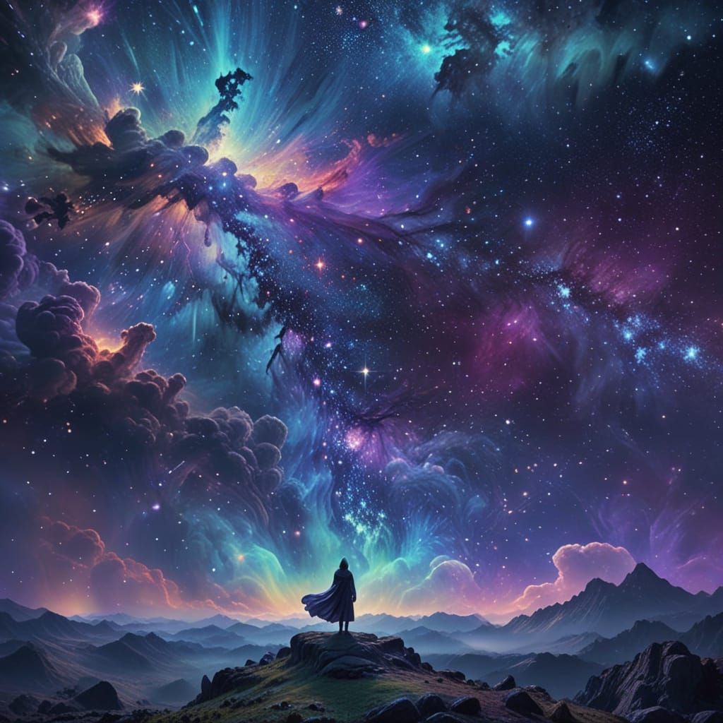 Mystical Woman Gazes into Celestial Realm of Glittering Star...