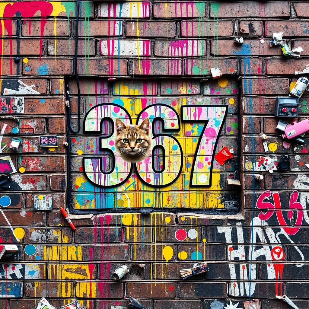 Colorful Graffiti Street Art with Floating Cat