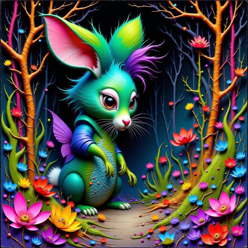 Rabbit-Squirrel Creature Lost in Fantastical Forest