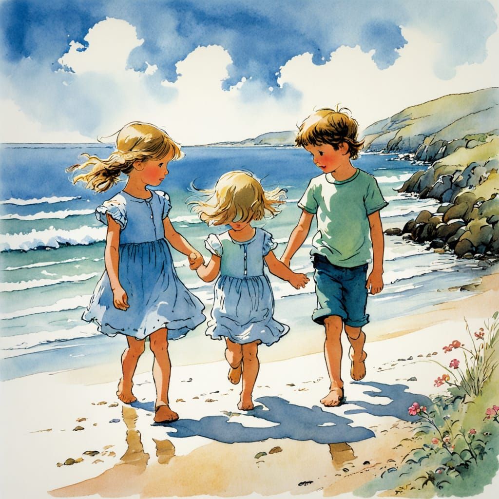 Brother and Sister at the Seashore in Cartoon Style
