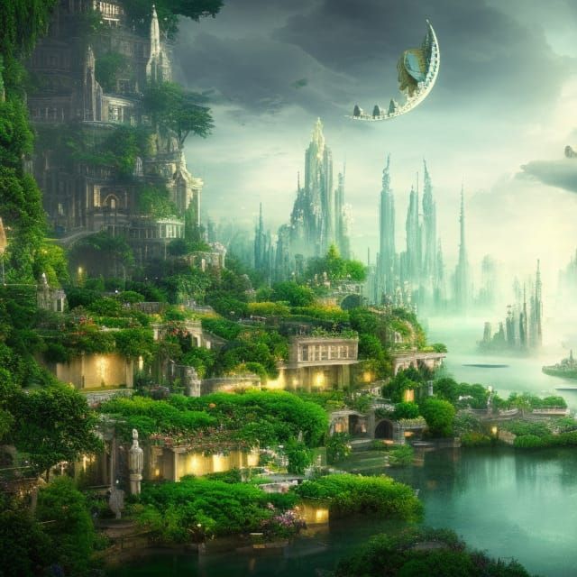 Utopian City with Floating Gardens: Digital Matte Painting