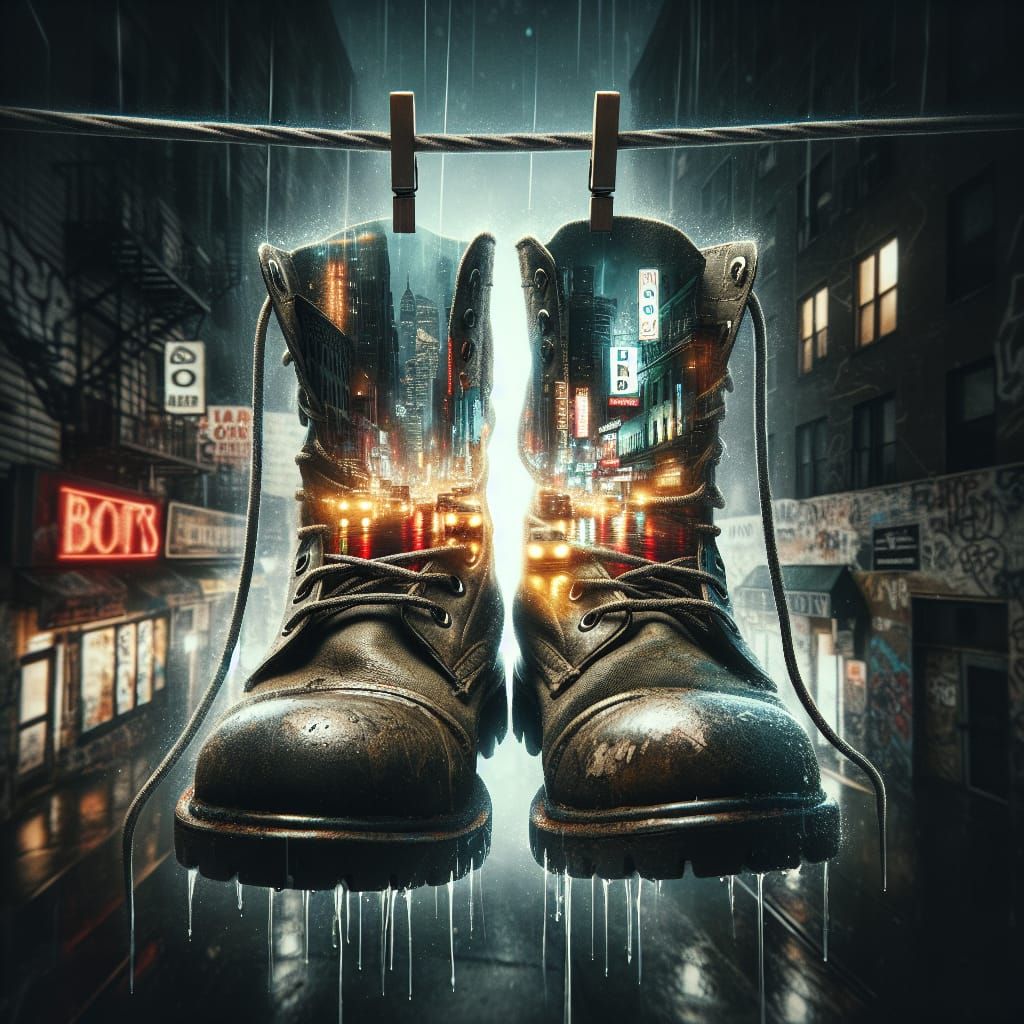 Urban Adventure Boots Holding City Skyline Scene