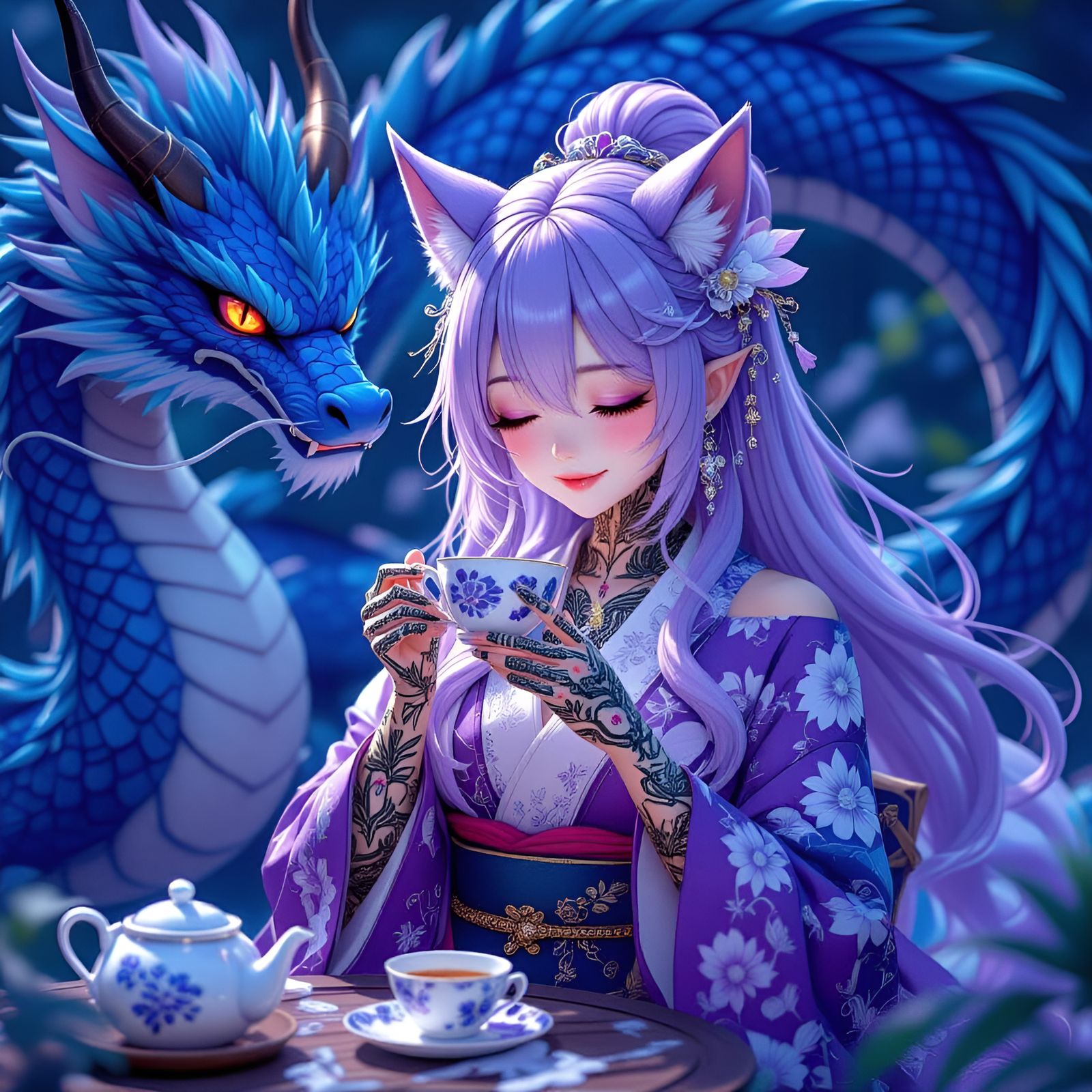 Kitsune and Dragon Share Tea in Dreamy Anime Style