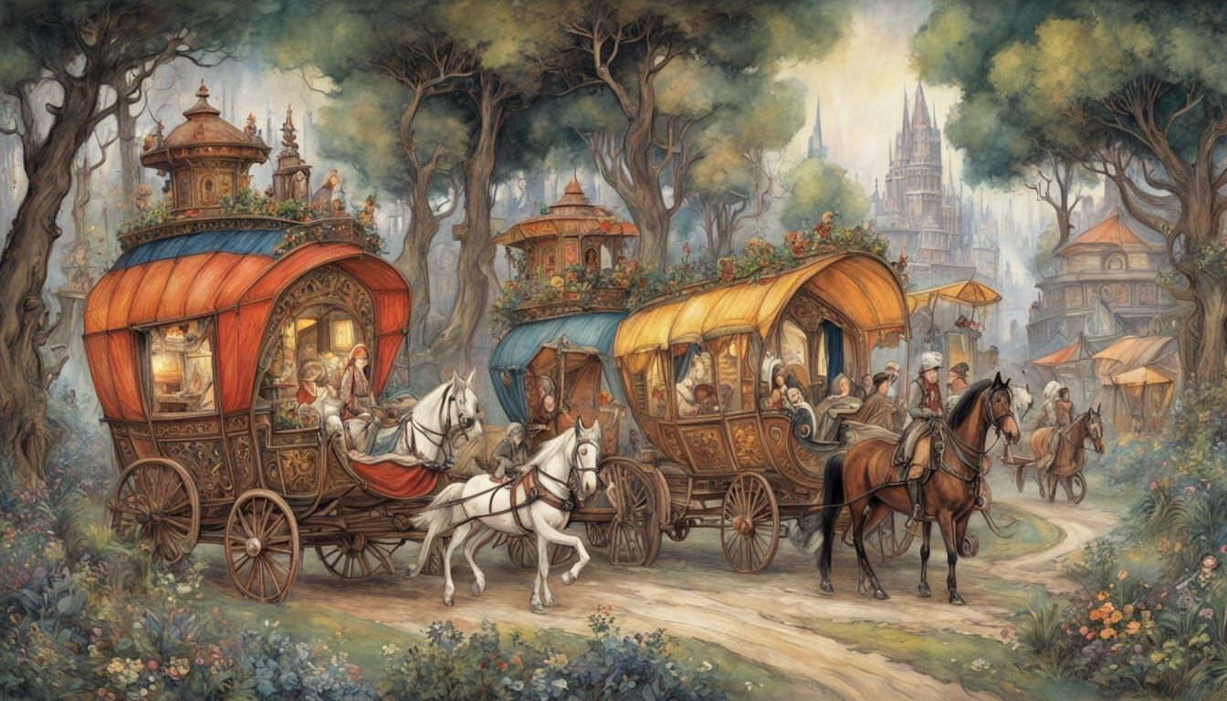 Lush Caravan City in Forest, Ink and Watercolor Style